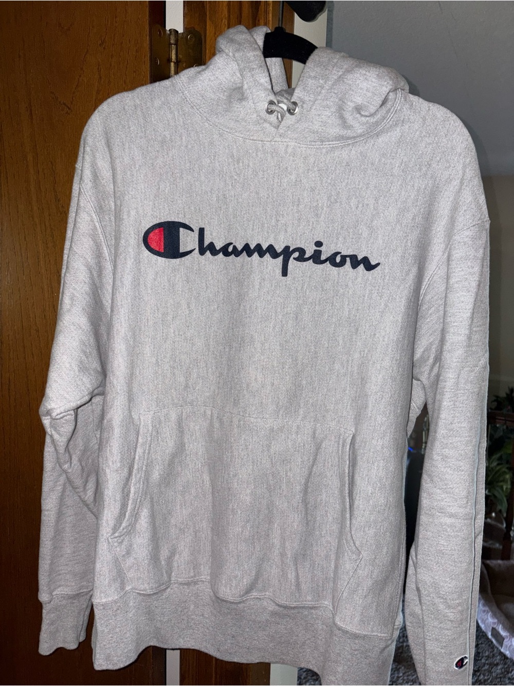 Champion Light Gray Hoodie with Navy Logo and Red Accent